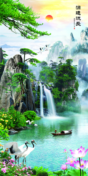 背景墙-中式风 玄关，隔断，移门，电视背景墙，高清图，高清平开门，LYF-361,山水画，瀑布，荷花，源远流长，船，太阳